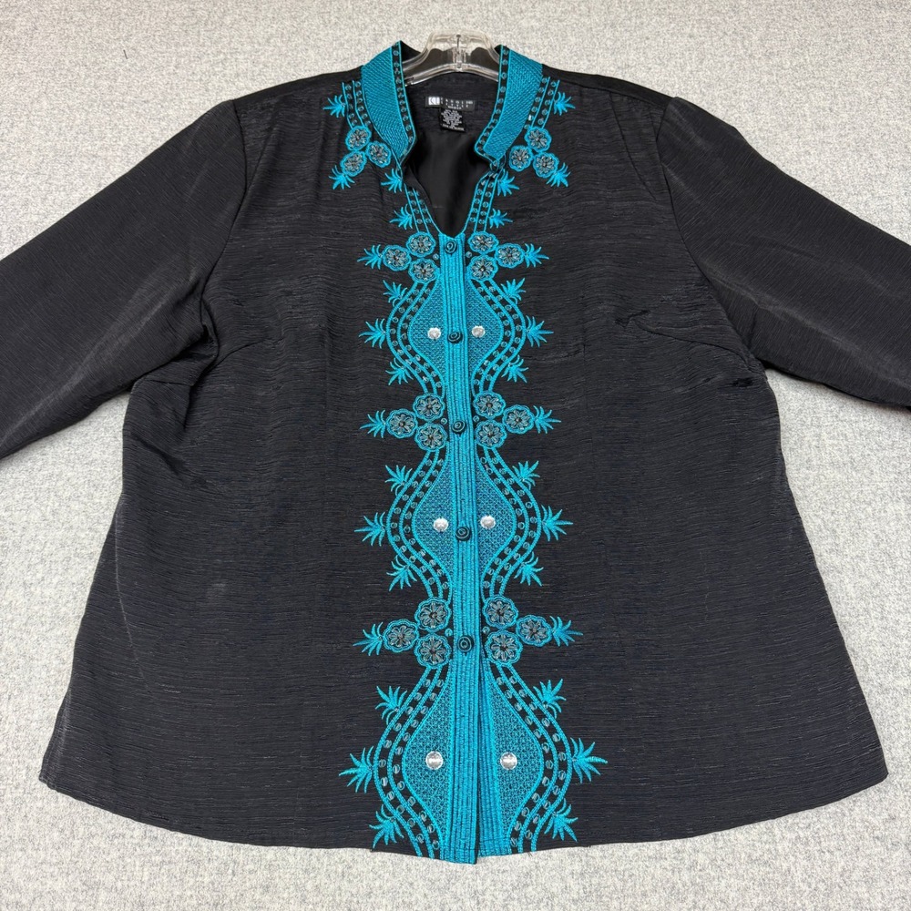 Carole Little Woman Blouse 1X Black Silk Turquoise Embroidered Beaded Evening